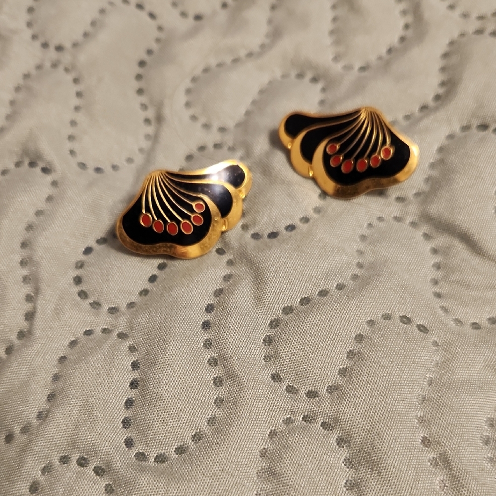 Laurel Burch Gold and Black Fan Earrings